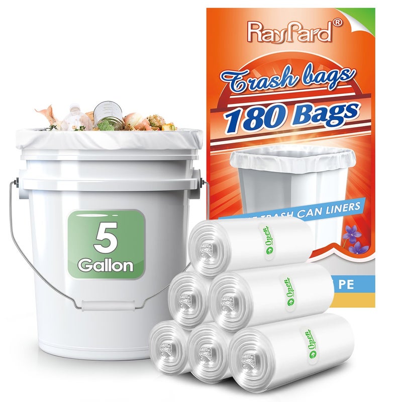 5 Gallon 180 Counts fit 4553 Gal Small Strong Trash Bags Garbage Bags by RayPard 1820 Liter trash Bin Liners for Home Office Kitchen Bathroom Bedroom 5 Gallon Bucket Liner Clear